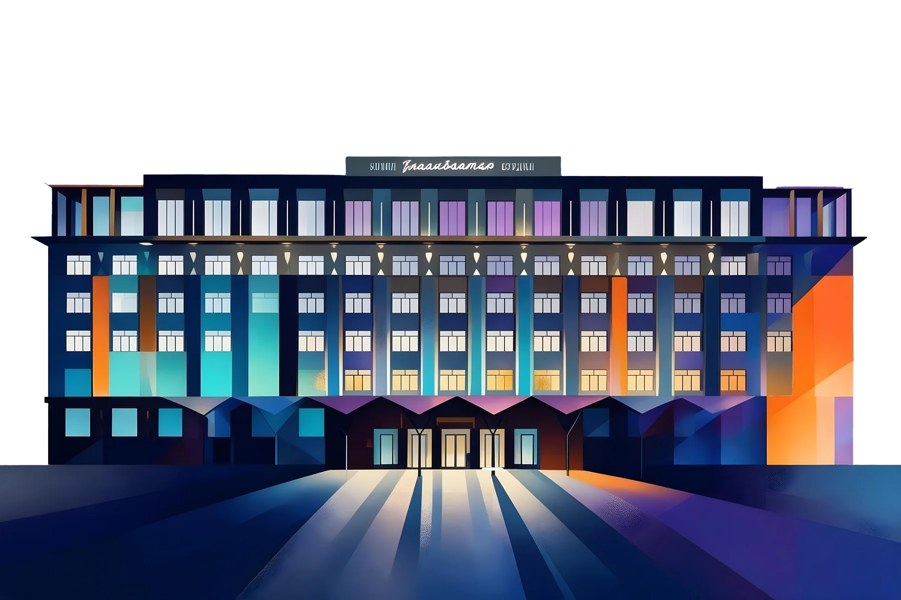 Шөнийн Ulaanbaatar Hotel-ийн зураглал; цонхнууд нь нил ягаан, цэнхэр, улбар шар өнгөөр гэрэлтсэн